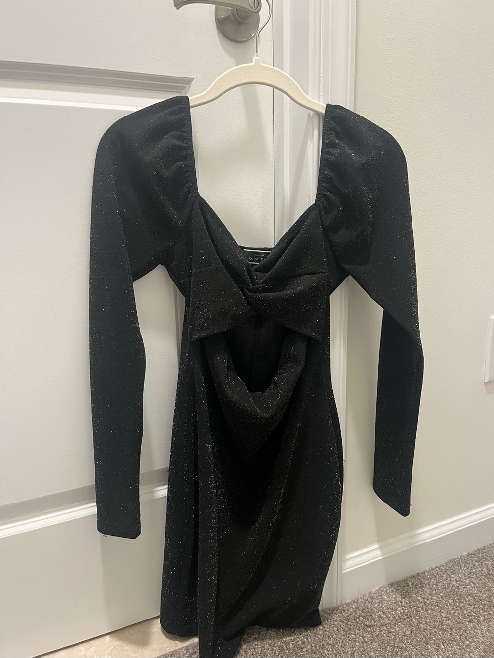 Black Glitter Long-Sleeve Twist-Back Mini Dress